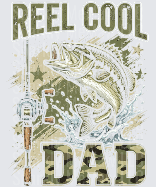Reel Cool Dad Bass Fishing with Rod and Camouflage Text UV DTF Decal