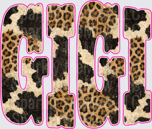 Gigi Cowhide and Leopard Print Mixed Animal Print Bold Letters with Pink Outline DTF Transfer for Fabrics