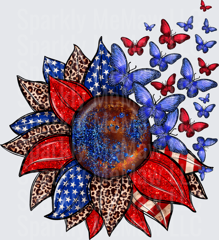 Patriotic Sunflower with Galaxy Center and Red Blue Butterflies UV DTF Decal