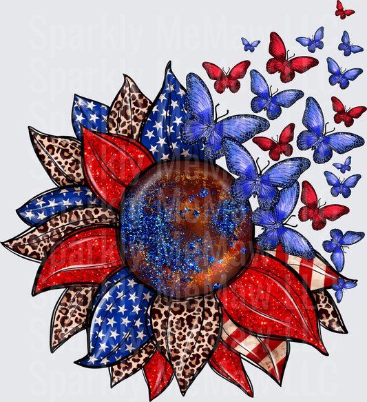 Patriotic Sunflower with Galaxy Center and Red Blue Butterflies UV DTF Decal