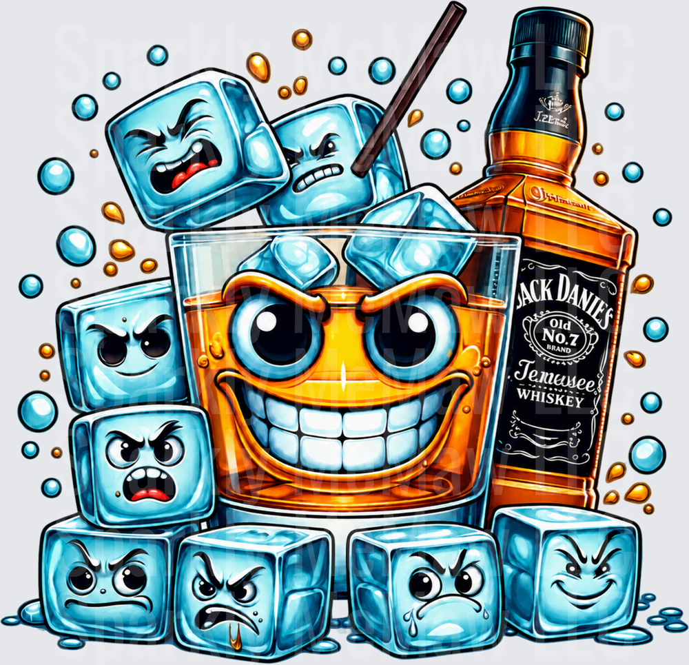 Grinning Jack Daniel's Whiskey Glass with Angry Ice Cubes This is a UV DTF Decal