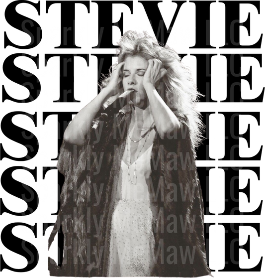 Stevie Nicks Black and White Portrait with Repeating Name Text UV DTF Decal