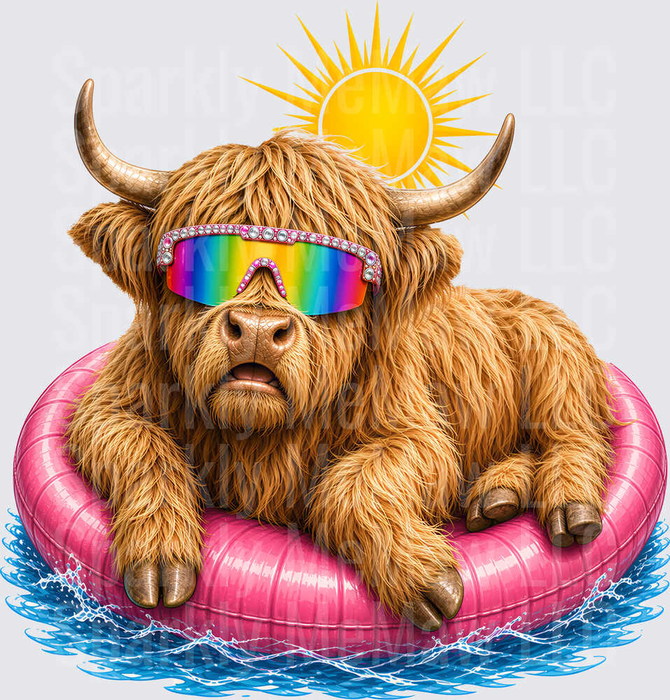 Highland Cow Wearing Rainbow Sunglasses on Pink Pool Float UV DTF Decal