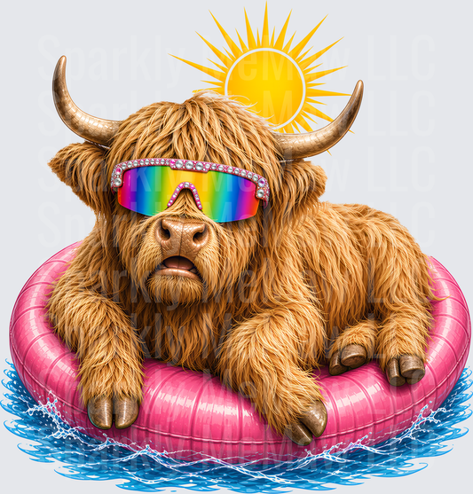 Highland Cow Wearing Rainbow Sunglasses on Pink Pool Float UV DTF Decal