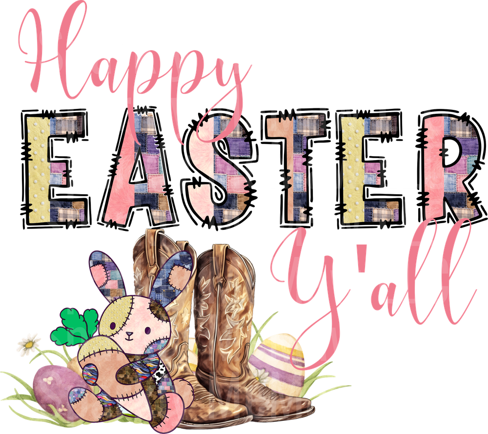 Happy Easter Y'all Patchwork Bunny Cowboy Boots UV DTF Decal