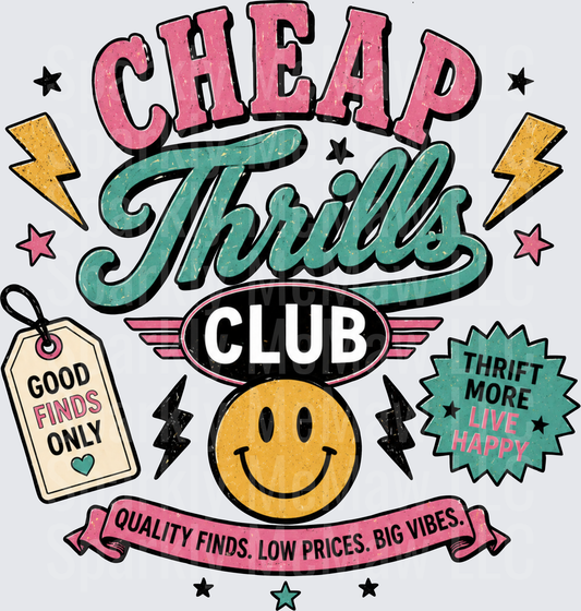 Cheap Thrills Club Retro Thrift Shopping Design with Smiley Face UV DTF Decal