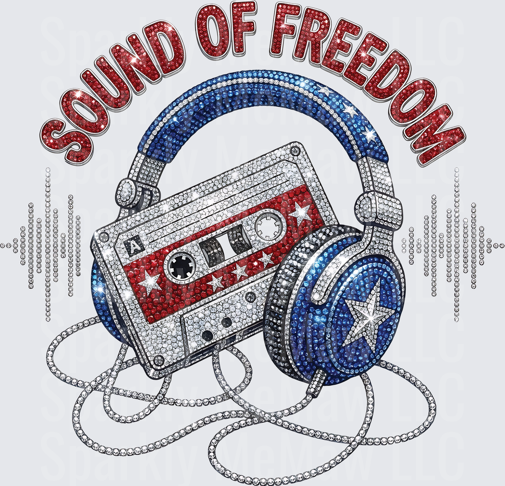 Sound of Freedom Patriotic Cassette Tape with Headphones Rhinestone UV DTF Decal