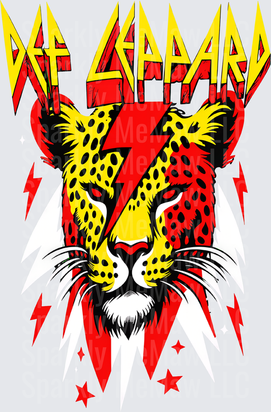 Def Leppard Bold Leopard Face Lightning Bolt Rock Band Graphic DTF Transfer for fabrics