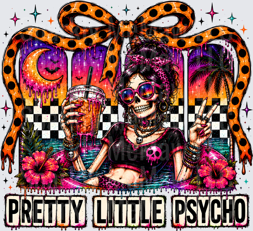 Pretty Little Psycho Retro Skeleton Girl with Drink and Peace Sign UV DTF Decal