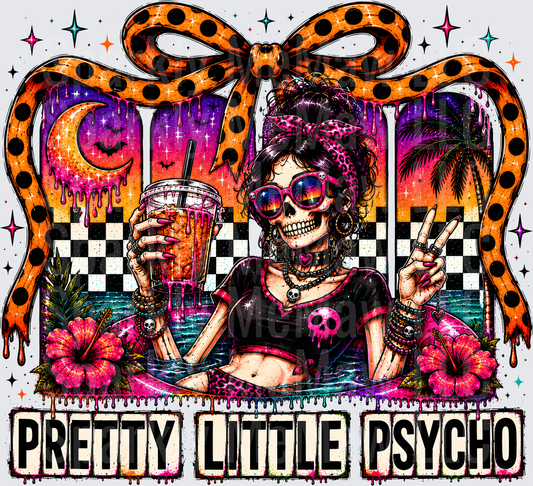 Pretty Little Psycho Retro Skeleton Girl with Drink and Peace Sign UV DTF Decal