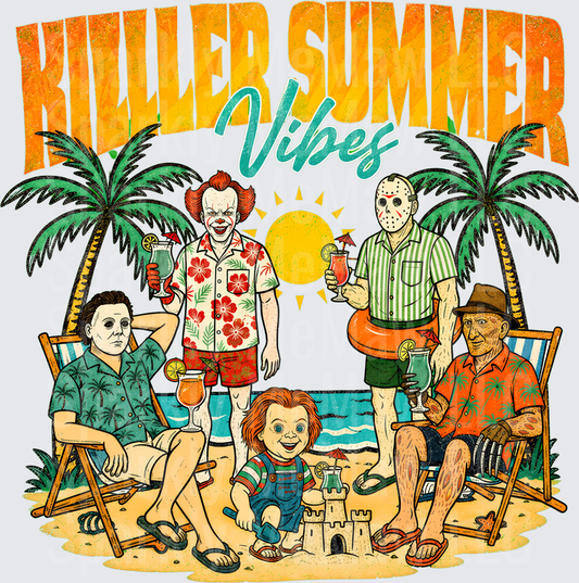 Killer Summer Vibes Horror Icons Beach Scene Michael Myers Pennywise Jason Voorhees Chucky Freddy Krueger Tropical Vacation DTF Transfer for Fabrics