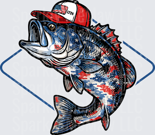 Patriotic Bass Fish Wearing American Flag 1776 Trucker Hat UV DTF Decal