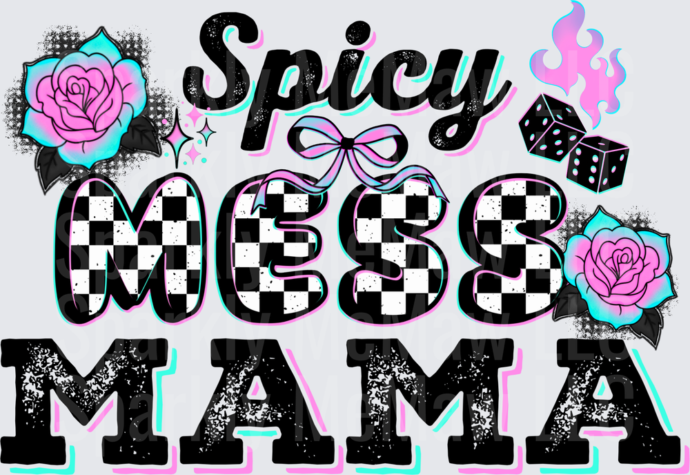 Spicy Mess Mama Checkered Pattern with Roses and Dice