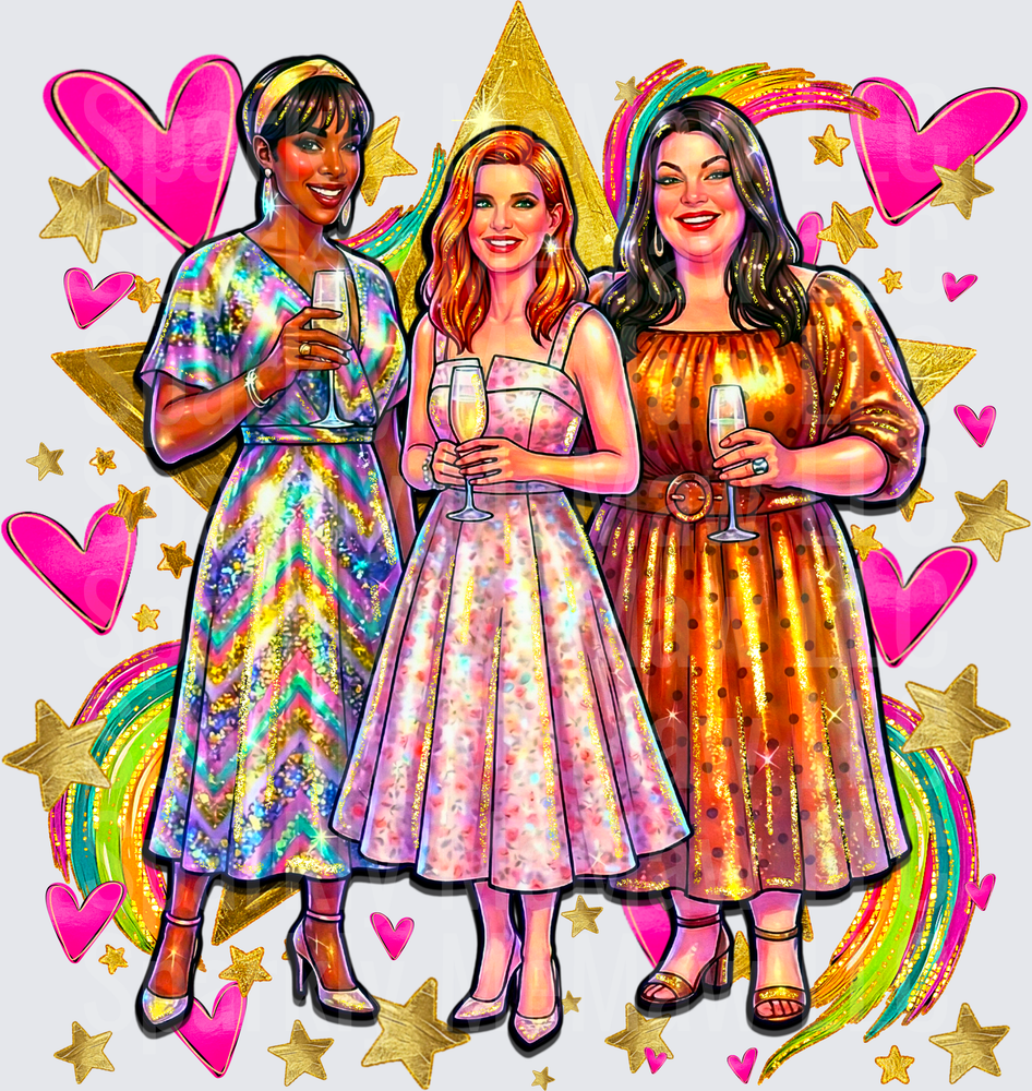 Three Glamorous Women Celebrating with Champagne Gold Stars Hearts Rainbow UV DTF Decal