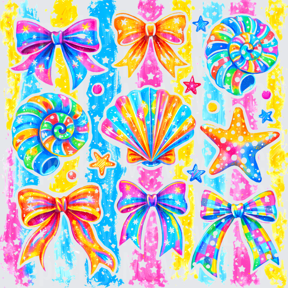 Rainbow Tie-Dye Bows Seashells and Starfish Collection UV DTF Decal