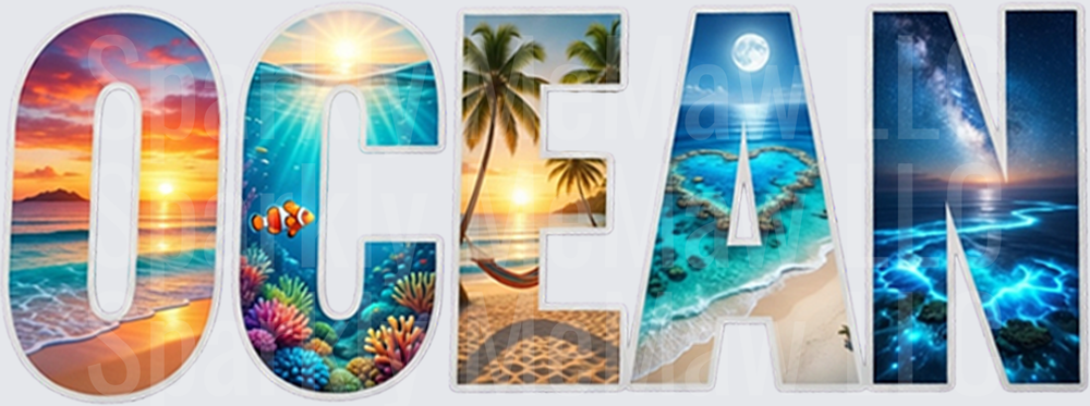 OCEAN Typography with Tropical Beach Scenes and Marine Life DTF Transfer for Fabric