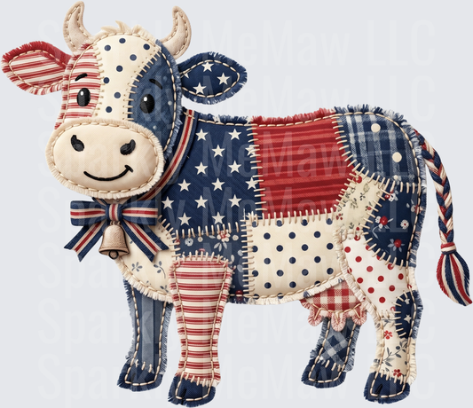 Patriotic Patchwork Cow with American Flag Stars and Stripes - UV DTF Decal