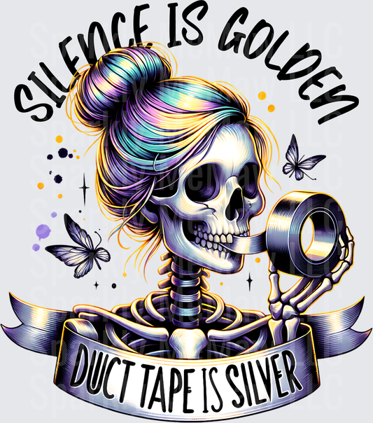 Silence Is Golden Duct Tape Is Silver Skull with Colorful Hair and Butterfly Design - UV DTF Decal
