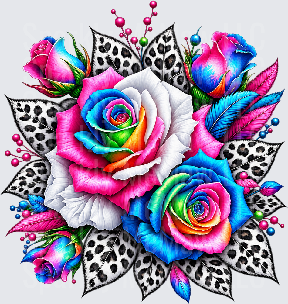Rainbow Roses Leopard Bouquet UV DTF DECAL (HARD SMOOTH SURFACE)