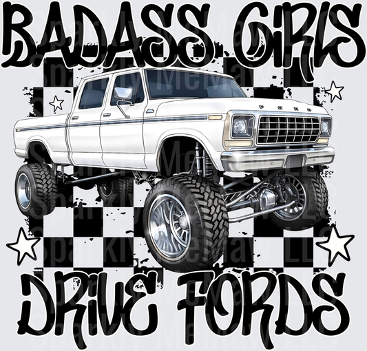 Badass Girls Drive Fords White Monster Truck with Checkered Flag Background UV DTF Decal