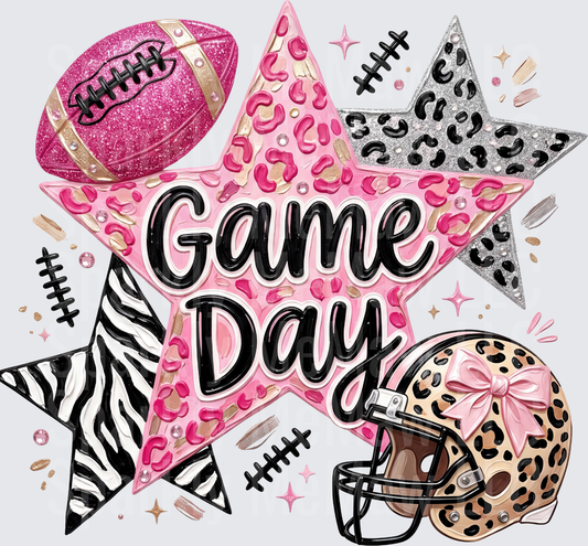Game Day Pink Glitter Football Leopard Print Zebra Stars Helmet with Pink Bow UV DTF Decal