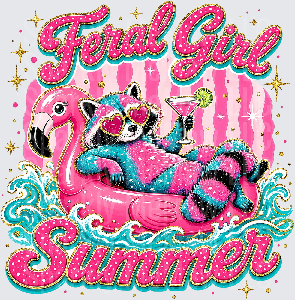 Feral Girl Summer Raccoon Floating on Pink Flamingo with Cocktail UV DTF Decal