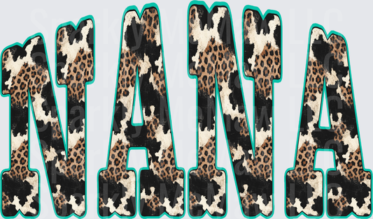 Nana Cow Print Leopard Teal Outlined Bold Letters DTF Transfer (fabrics)