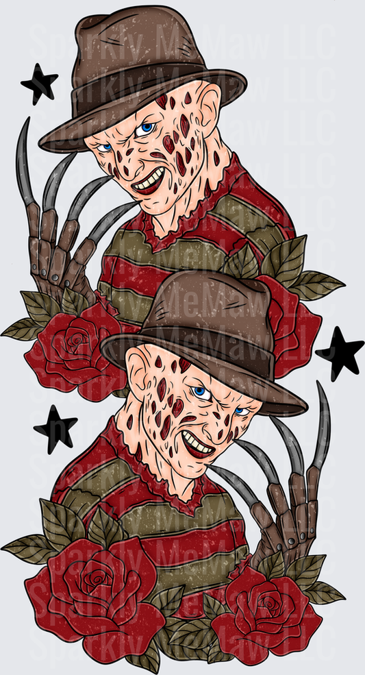 Freddy Krueger Double Portrait with Red Roses and Razor Glove Traditional Tattoo Style DTF Transfer (Fabrics)