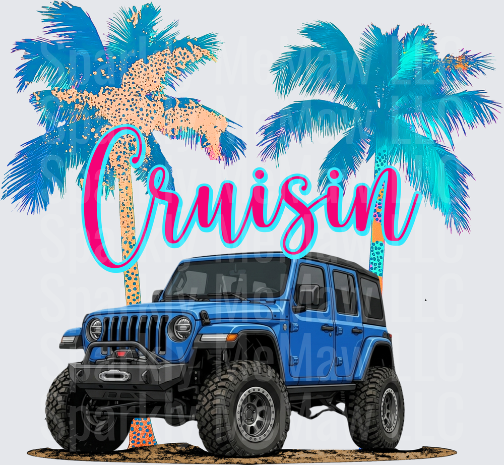 Cruisin Blue Jeep Wrangler with Tropical Palm Trees UV DTF Decal