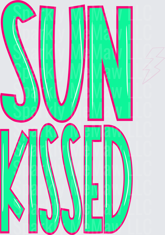 Bright Green Sun Kissed Text with Pink Outline UV DTF Decal