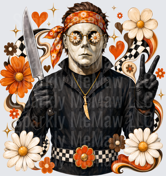 Michael Myers Groovy Retro 70s Hippie Halloween Horror Icon with Knife Peace Sign Floral Checkered DTF Transfer (Fabrics)