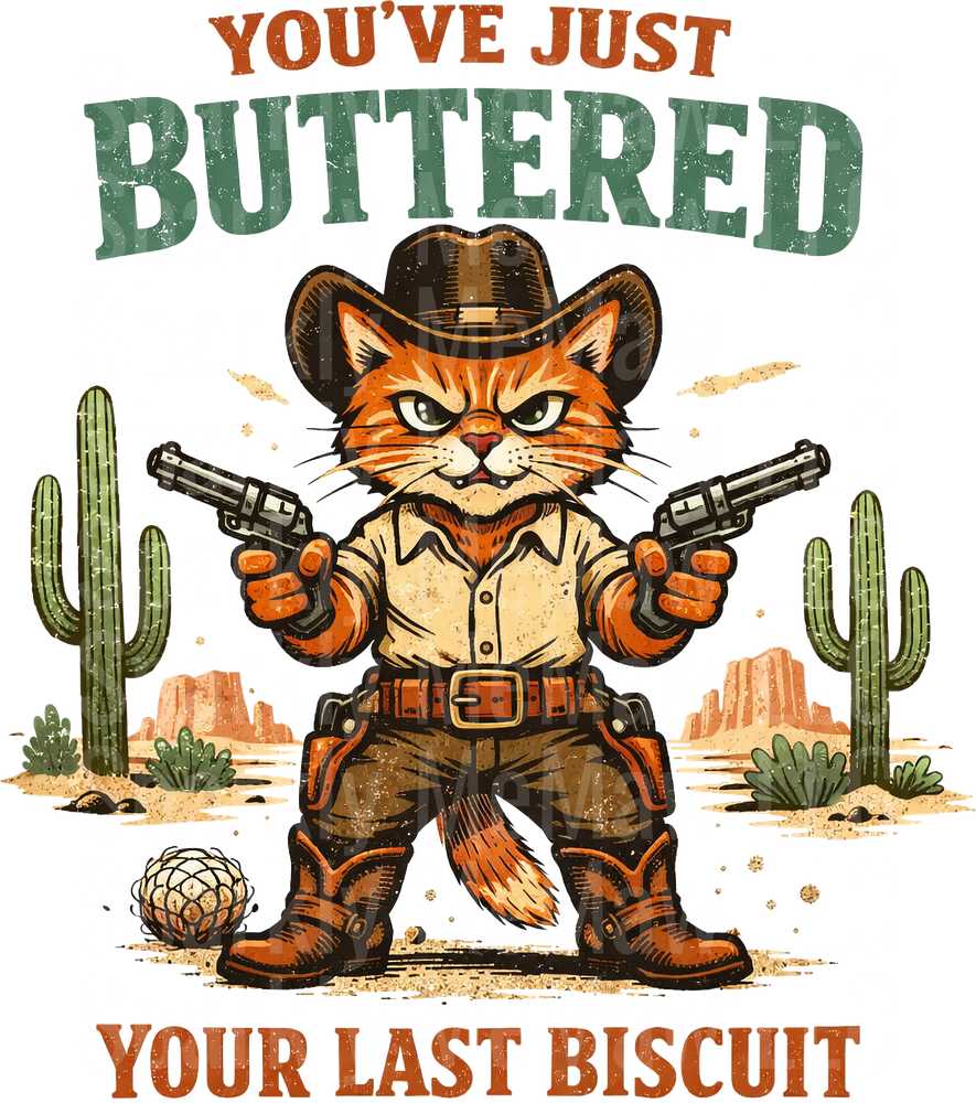Wild West Cowboy Cat with Dual Pistols You've Just Buttered Your Last Biscuit UV DTF Decal