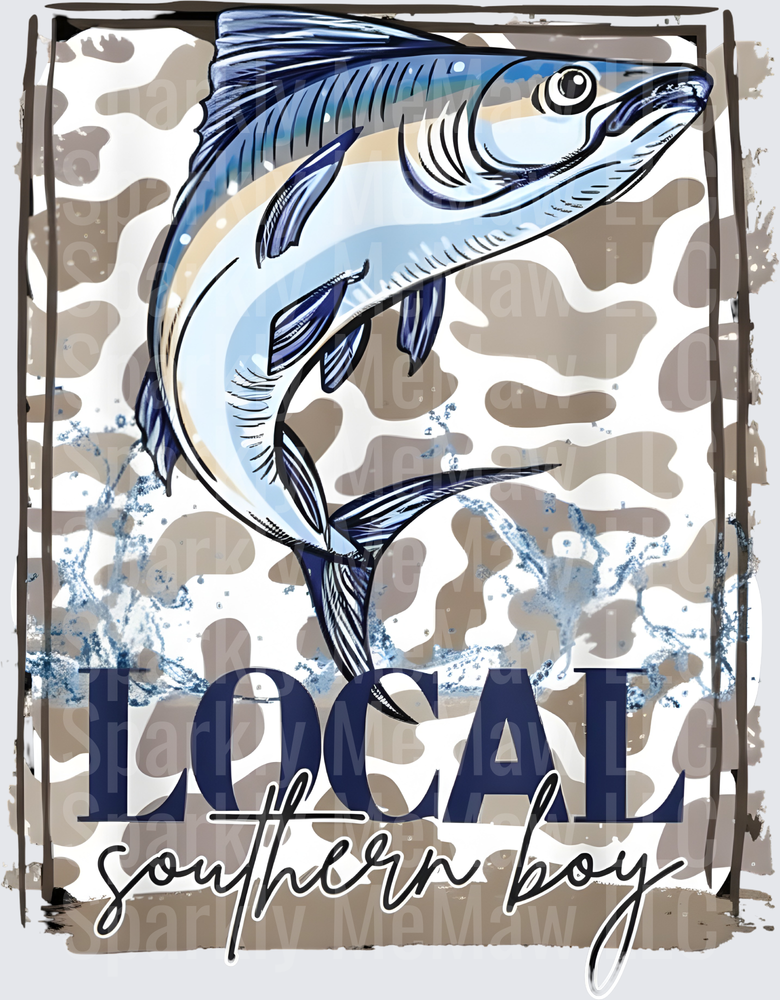 Local Southern Boy Jumping Wahoo Fish Camo Background DTF Transfer