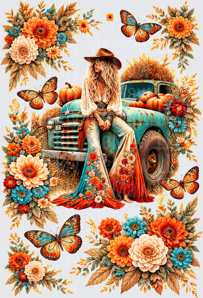 Boho Cowgirl Fall Truck is a DTF Transfer for Fabrics