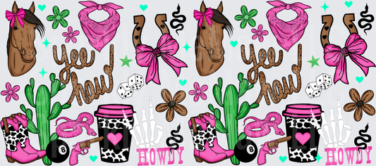 Yee Haw Western Cowgirl Pattern with Pink Bandana Boots and Cactus UV DTF 16 oz Wrap