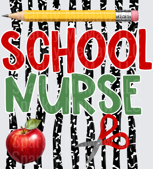 School Nurse DTF Transfer with Yellow Pencil Red Apple and Medical Scissors on Black White Abstract Background