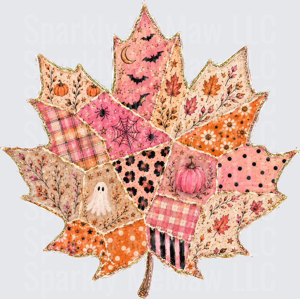 Pink Halloween Patchwork Maple Leaf is a UV DTF Decal