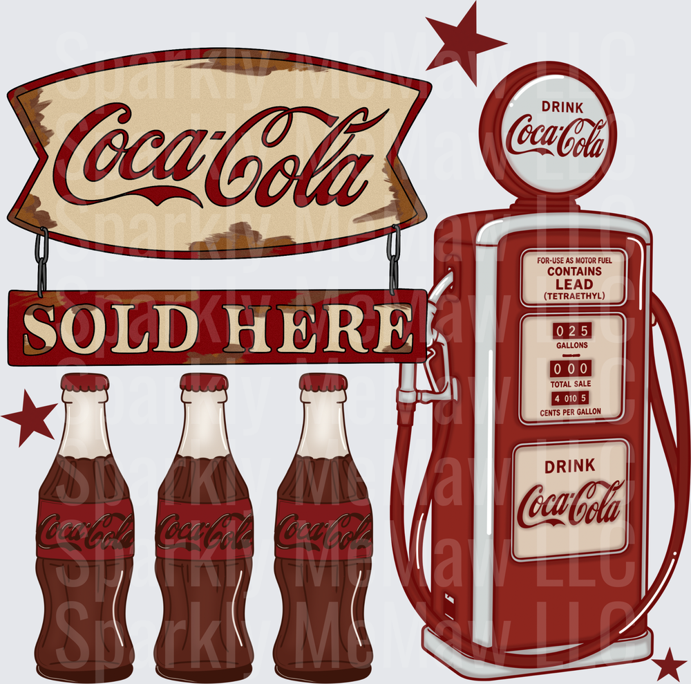 Vintage Coca-Cola Gas Station Scene with Classic Bottles and Retro Gas Pump DTF Transfer for Fabric