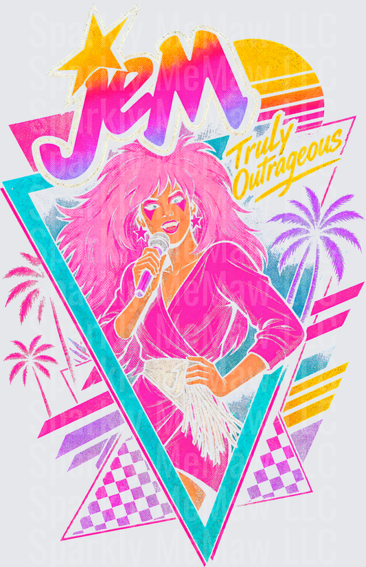 Jem Truly Outrageous 80s Retro Pop Star with Microphone Neon Geometric Palm Tree Design DTF Transfer for Fabrics