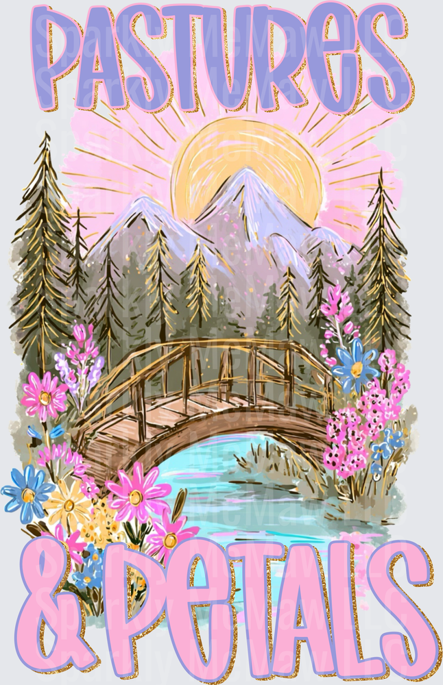Pastures & Petals Wildflower Mountain Bridge Scenic Watercolor UV DTF Decal