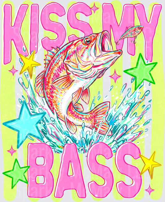 Kiss My Bass Jumping Fish Colorful Fishing Humor with Stars DTF Transfer for fabrics