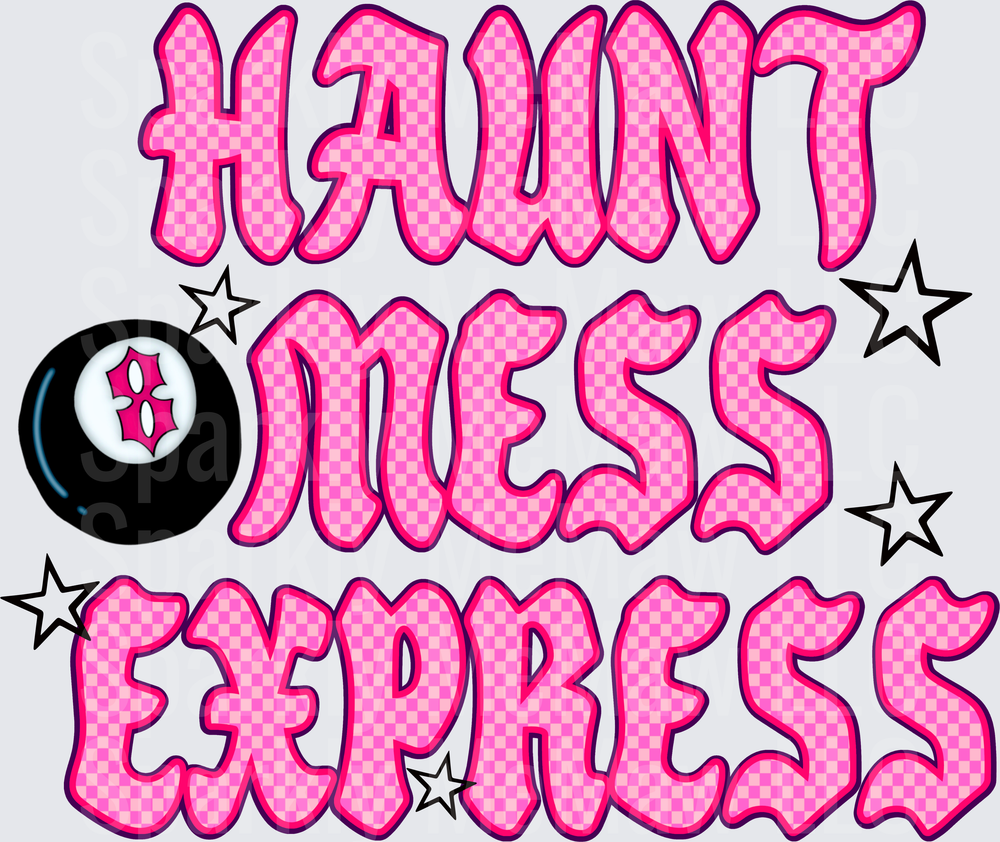 Hot Mess Express Pink Checkered Text with Eight Ball DTF Transfer