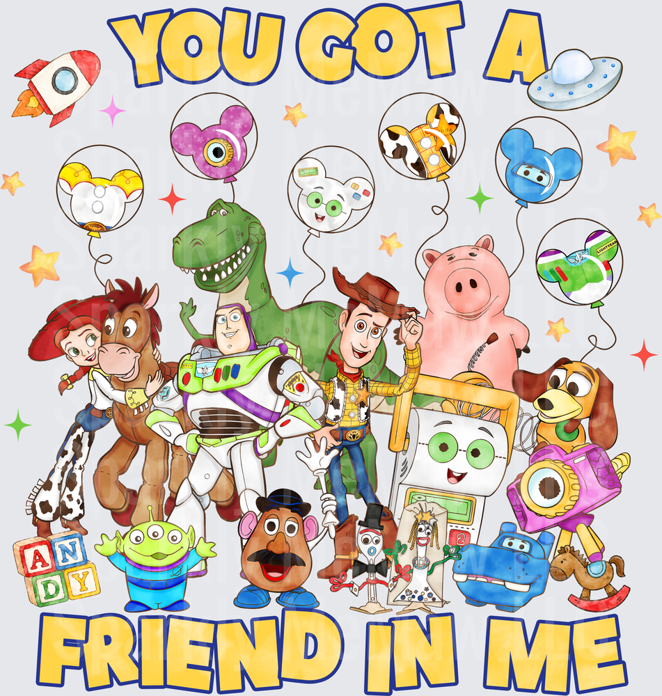 UV DTF Decal Toy Story You Got A Friend In Me Woody Buzz Lightyear Jessie Rex Hamm Slinky Dog Mr Potato Head Full Cast with Mickey Balloons and Andy Blocks