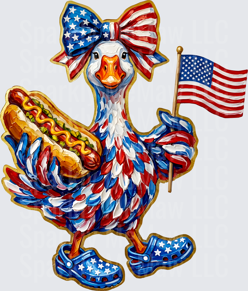 Patriotic Duck with American Flag Bow and Hot Dog UV DTF Decal