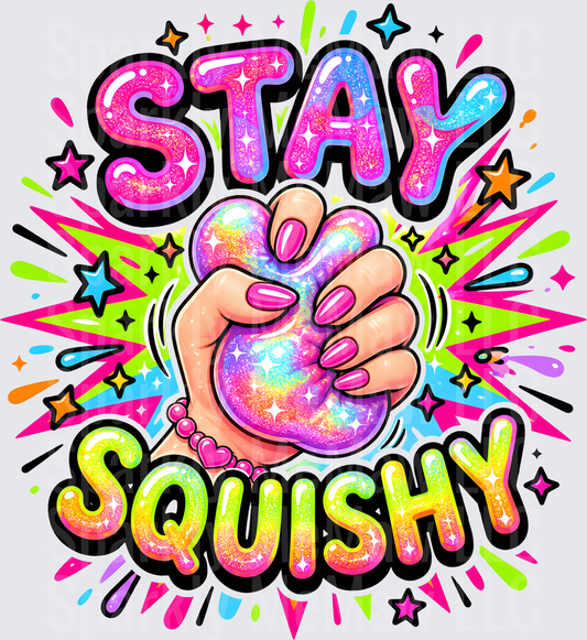 Stay Squishy Rainbow Glitter Hand with Pink Nails and Colorful Stars UV DTF Decal