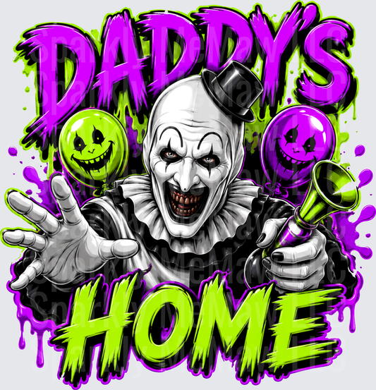 Terrifier Art the Clown Daddy's Home Horror Clown with Evil Balloons Purple and Lime Green DTF Transfer