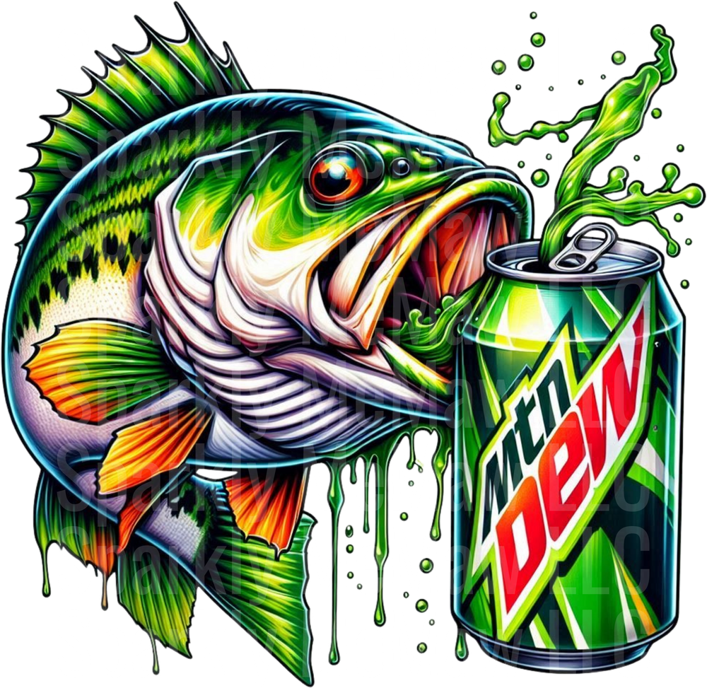 Bass Fish Drinking Mountain Dew with Green Slime Drips UV DTF Decal