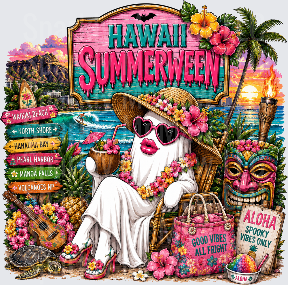 Hawaii Summerween Ghost in Tropical Paradise with Tiki Mask Palm Trees and Beach Elements DTF Transfer