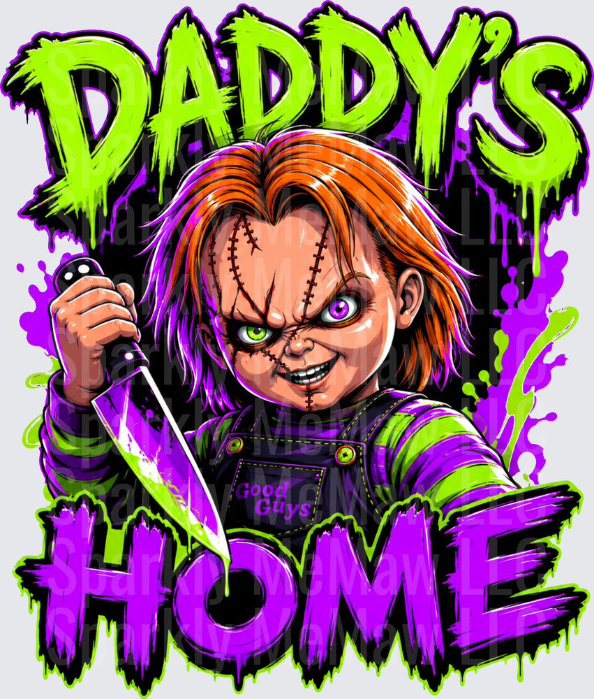 Chucky Good Guys Doll Daddy's Home Horror UV DTF Decal with Knife Neon Green and Purple Drip Graphic