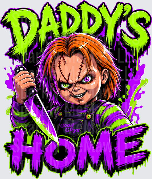 Chucky Good Guys Doll Daddy's Home Horror UV DTF Decal with Knife Neon Green and Purple Drip Graphic